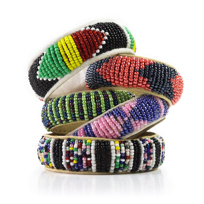 Bead and Leather Bracelets | Colorful Beaded African Style Bangle With Leather Inside | Authentic Handmade Accessory Imported from Mali |