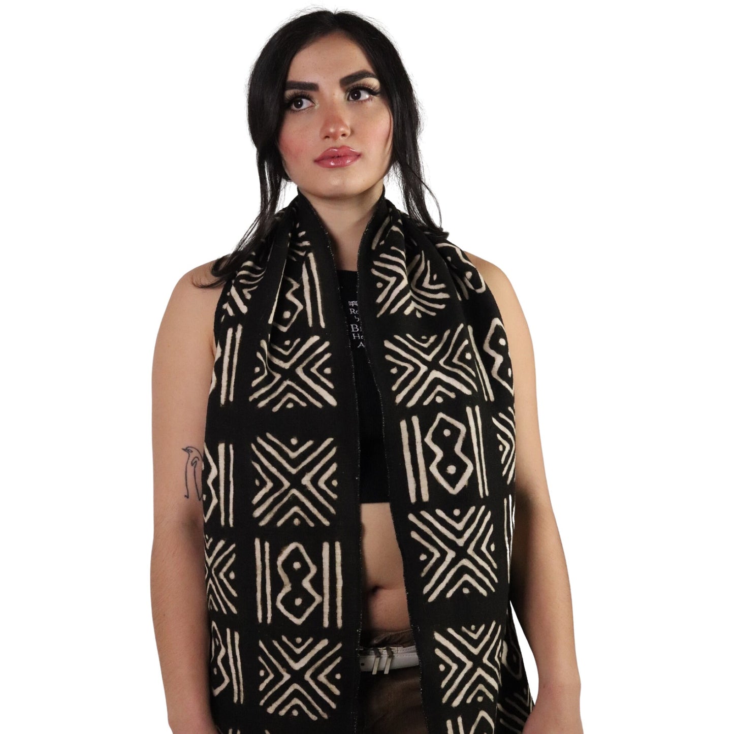 Bogolan Scarf | Imported Authentic African Textile Clothing | Handmade Mudcloth Scarf for Spring Fall and Winter | 100% Cotton Bio Organic