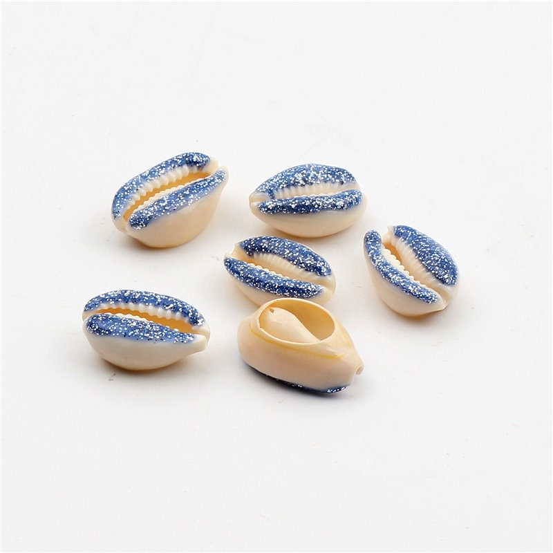 Cowrie Shell Beads | Blue Top and Glitter Painted Shells for DIY Craft Projects | Hair, Jewelry, Decoration | 10 Pieces