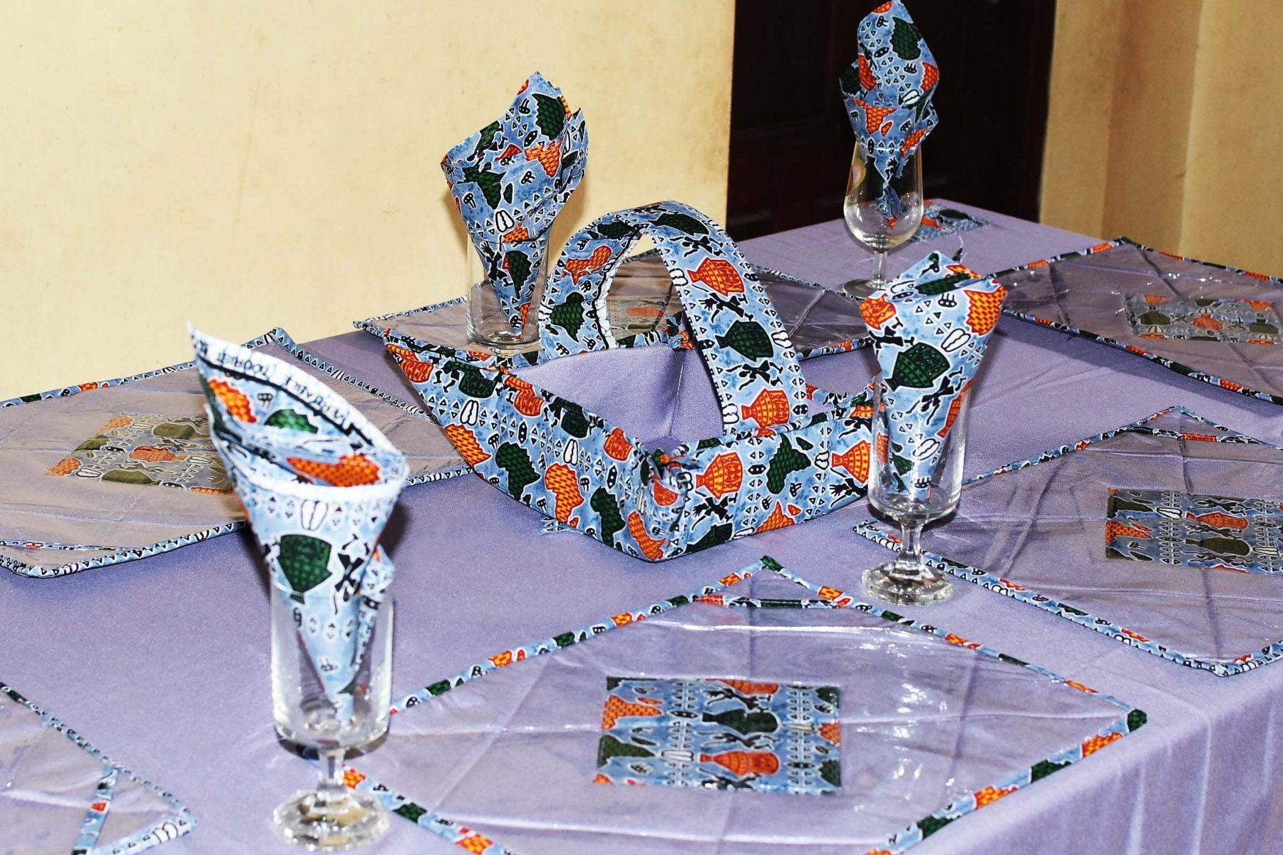 Bogolan Table Cloth Sets | Traditional Imported West African Print | Large Table Fabric with 6 Food Safe Mats, Cloth and Table Basket