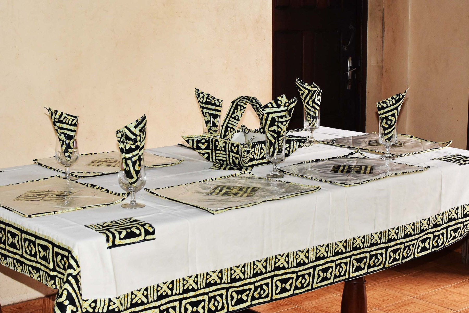 Bogolan Table Cloth Sets | Traditional Imported West African Print | Large Table Fabric with 6 Food Safe Mats, Cloth and Table Basket