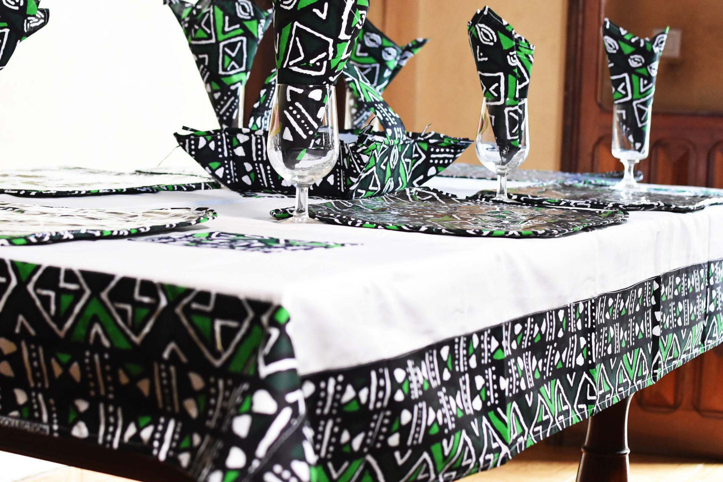 Bogolan Table Cloth Sets | Traditional Imported West African Print | Large Table Fabric with 6 Food Safe Mats, Cloth and Table Basket