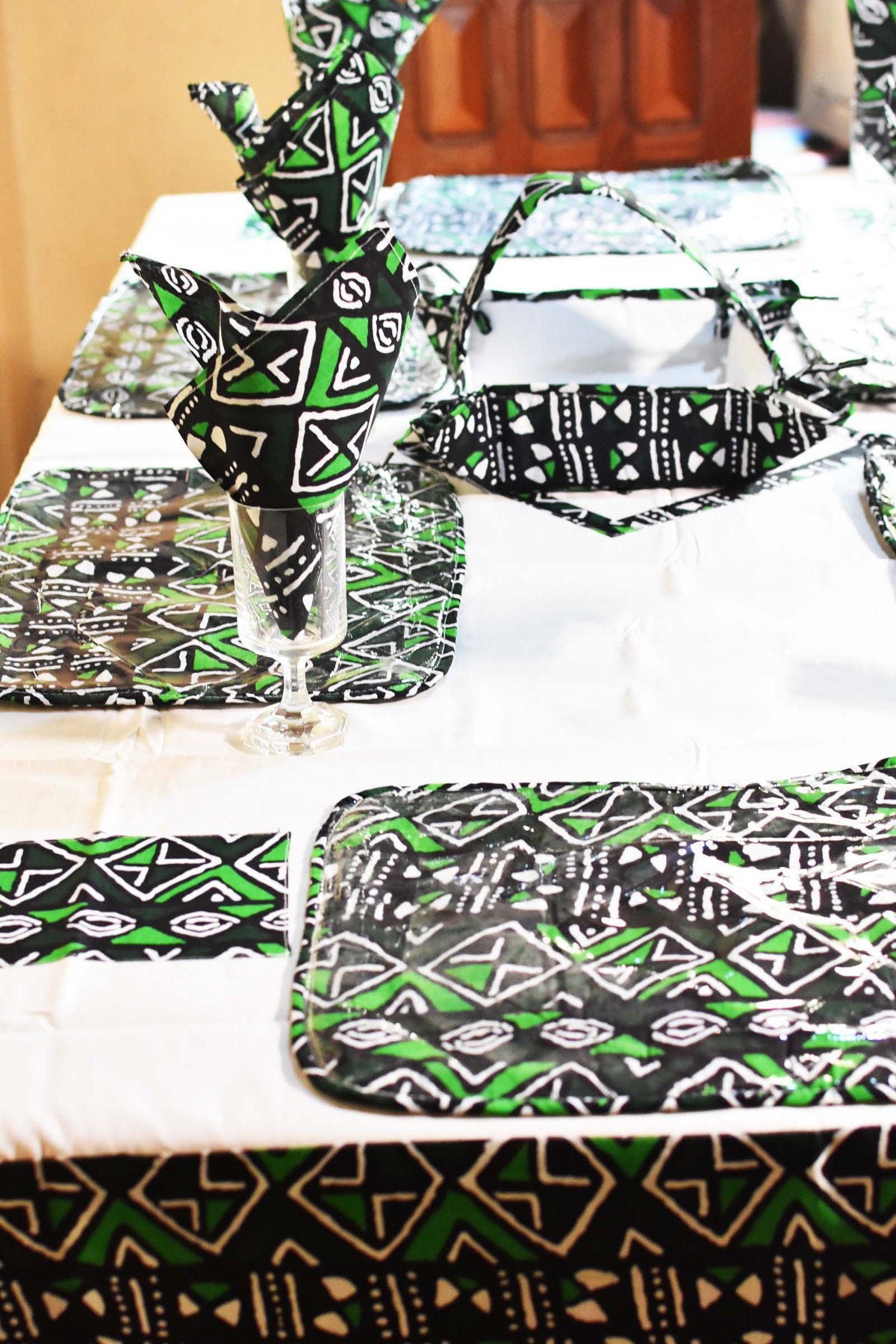 Bogolan Table Cloth Sets | Traditional Imported West African Print | Large Table Fabric with 6 Food Safe Mats, Cloth and Table Basket