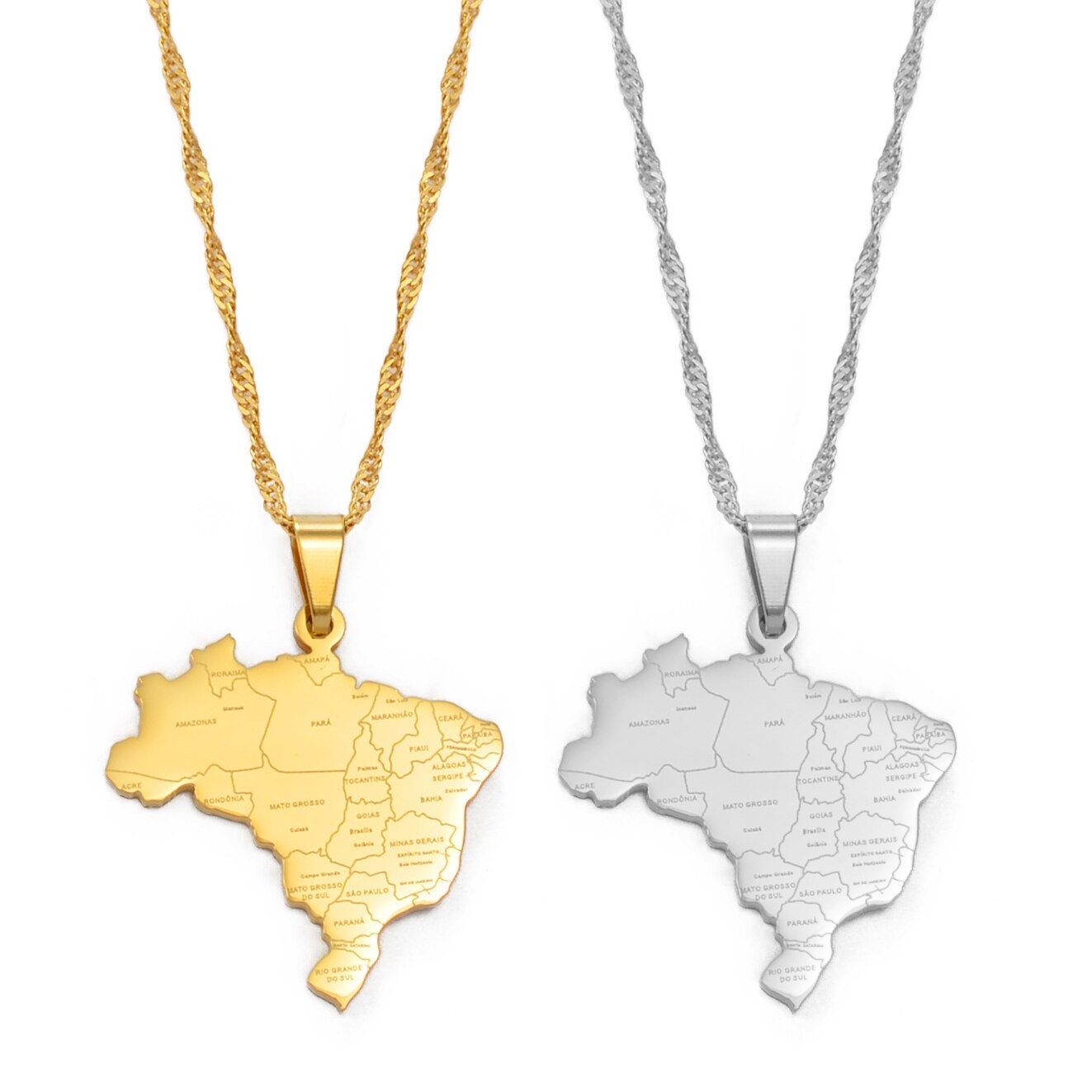 Brazil Map and Flag Necklace