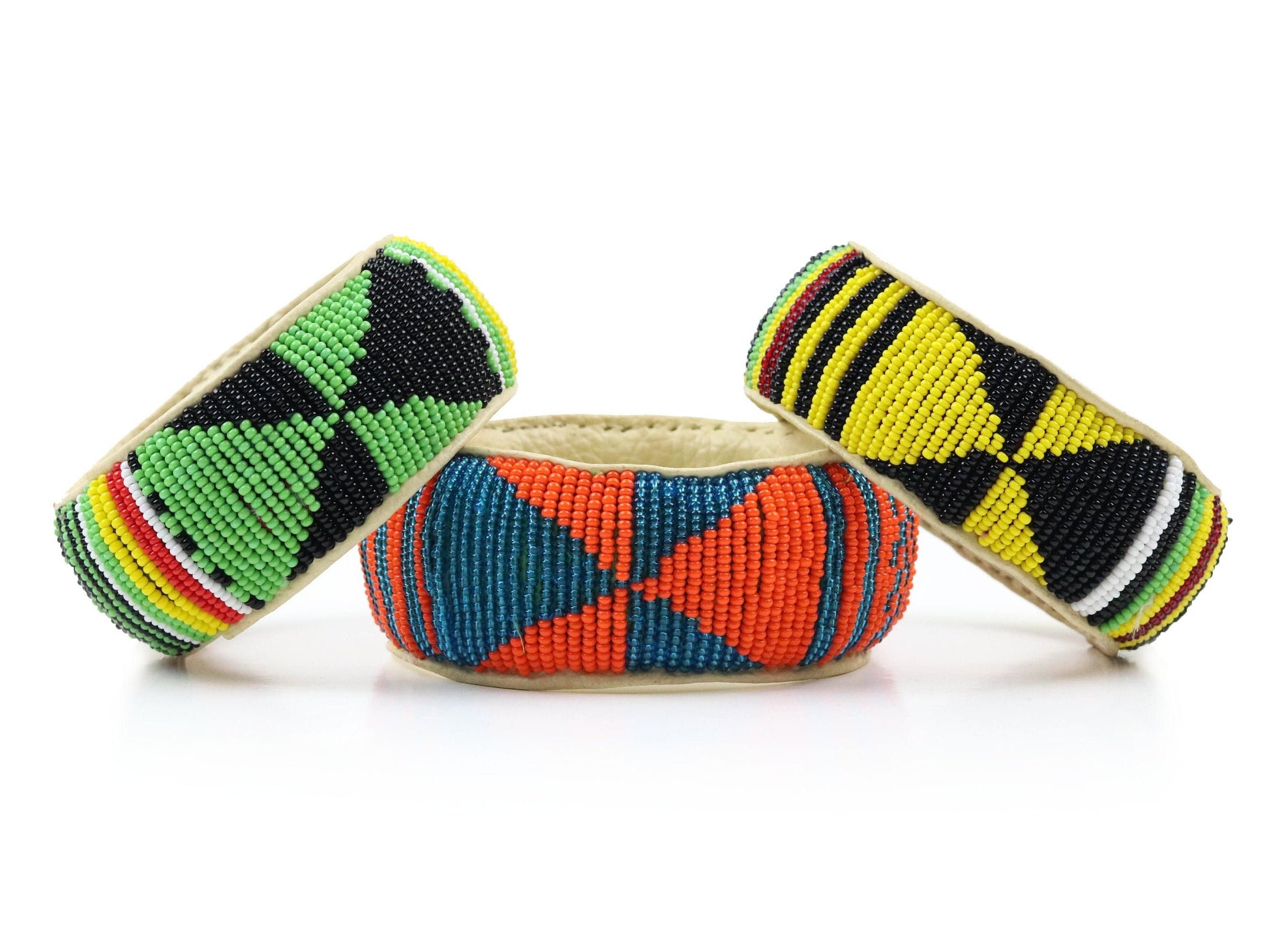 Bead and Leather Bracelets | Colorful Beaded African Style Bangle With Leather | Authentic Handmade Accessory Imported from Mali