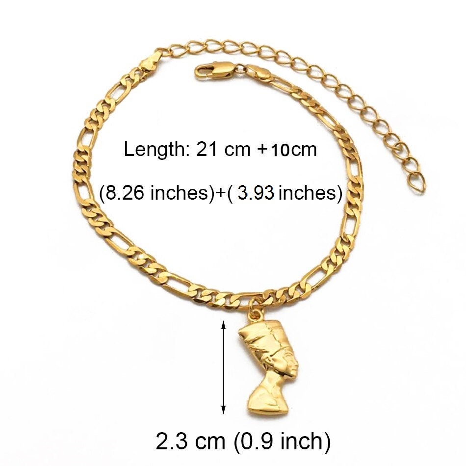 Queen Nefertiti Anklet | Gold or Silver Plated Re sizable Unisex Style of the Ancient Egyptian Figure for Both Men and Women Ankle Bracelet