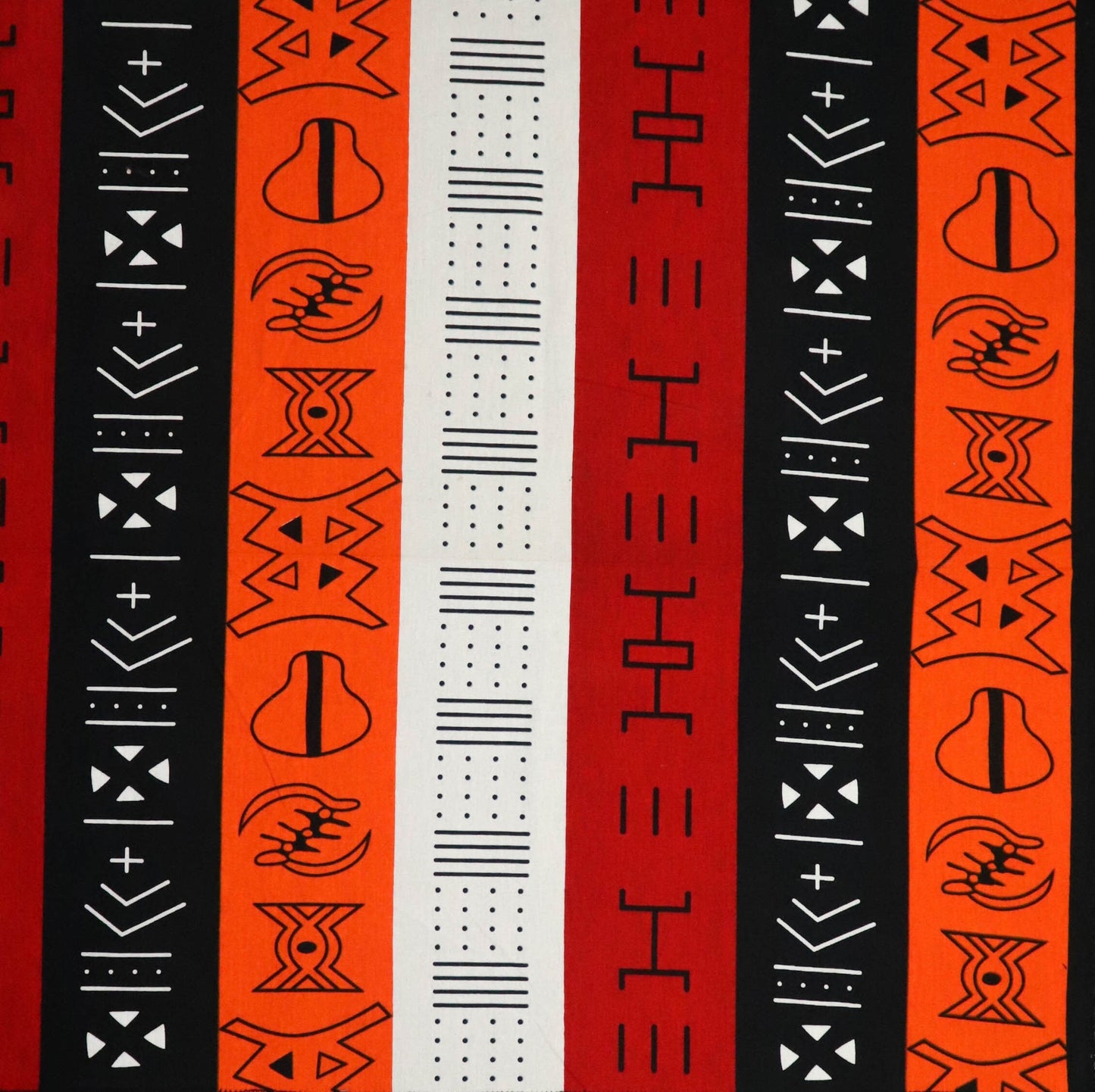 African Symbols Bandana | 100% Bio Cotton | Imported Fabric with Gye Nyame Cowrie Dogon Bogolan Patterns | Red Black White Black and Orange