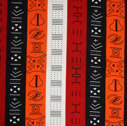 African Symbols Bandana | 100% Bio Cotton | Imported Fabric with Gye Nyame Cowrie Dogon Bogolan Patterns | Red Black White Black and Orange