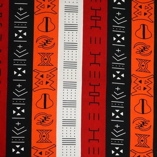 African Symbols Bandana | 100% Bio Cotton | Imported Fabric with Gye Nyame Cowrie Dogon Bogolan Patterns | Red Black White Black and Orange