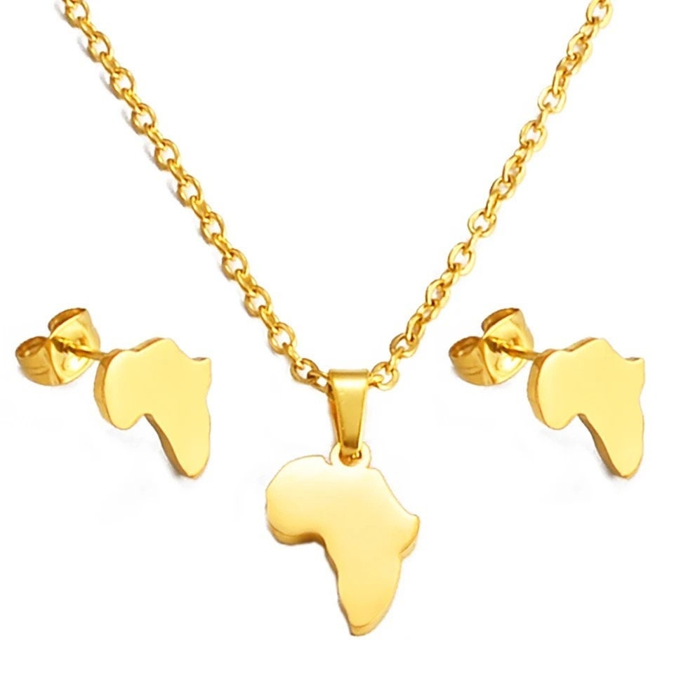 Africa Map Necklace and Earrings Set, Mini Plain Map Style