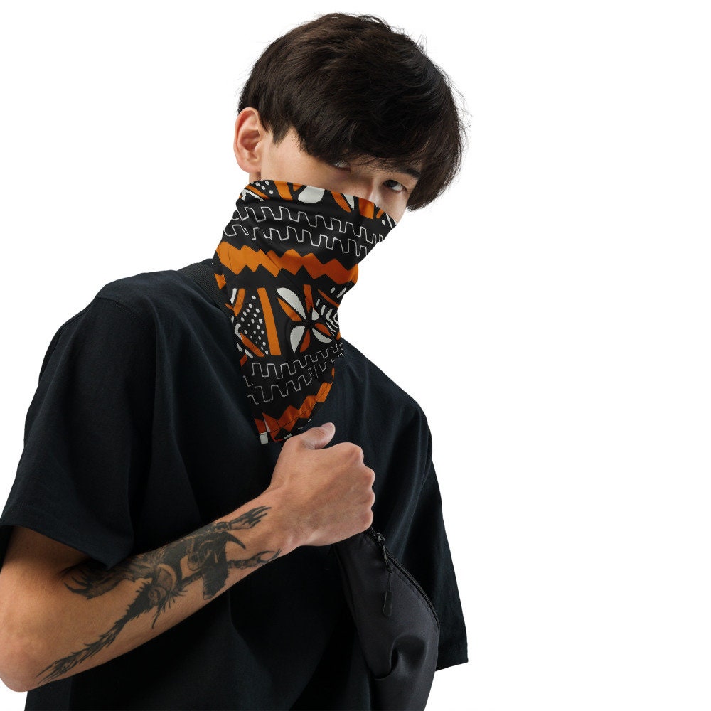 Bogolan Bandana | Orange White and Black 100% Bio Cotton | Imported African Fabric with Traditional Patterns