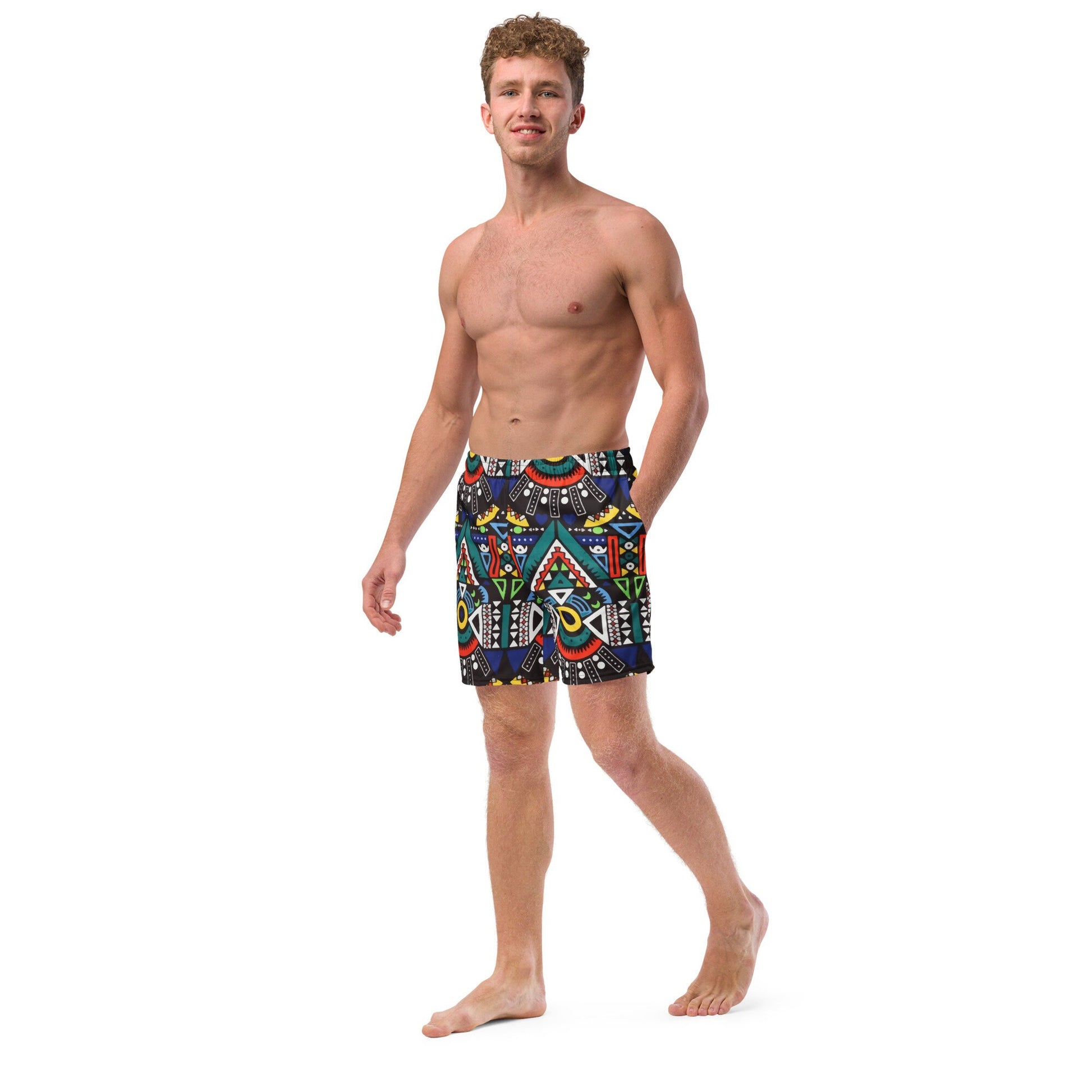 Amapiano Men&#39;s Swim Trunk | Recycled Traditional Print From South Africa Inspired Short for Spring, Summer, Beach, Outdoor and Vacations