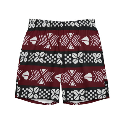 Bogolan Swim Trunk | Red White and Black | Recycled Traditional Print From West Africa Inspired Short for Spring, Summer, Beach and Outdoor