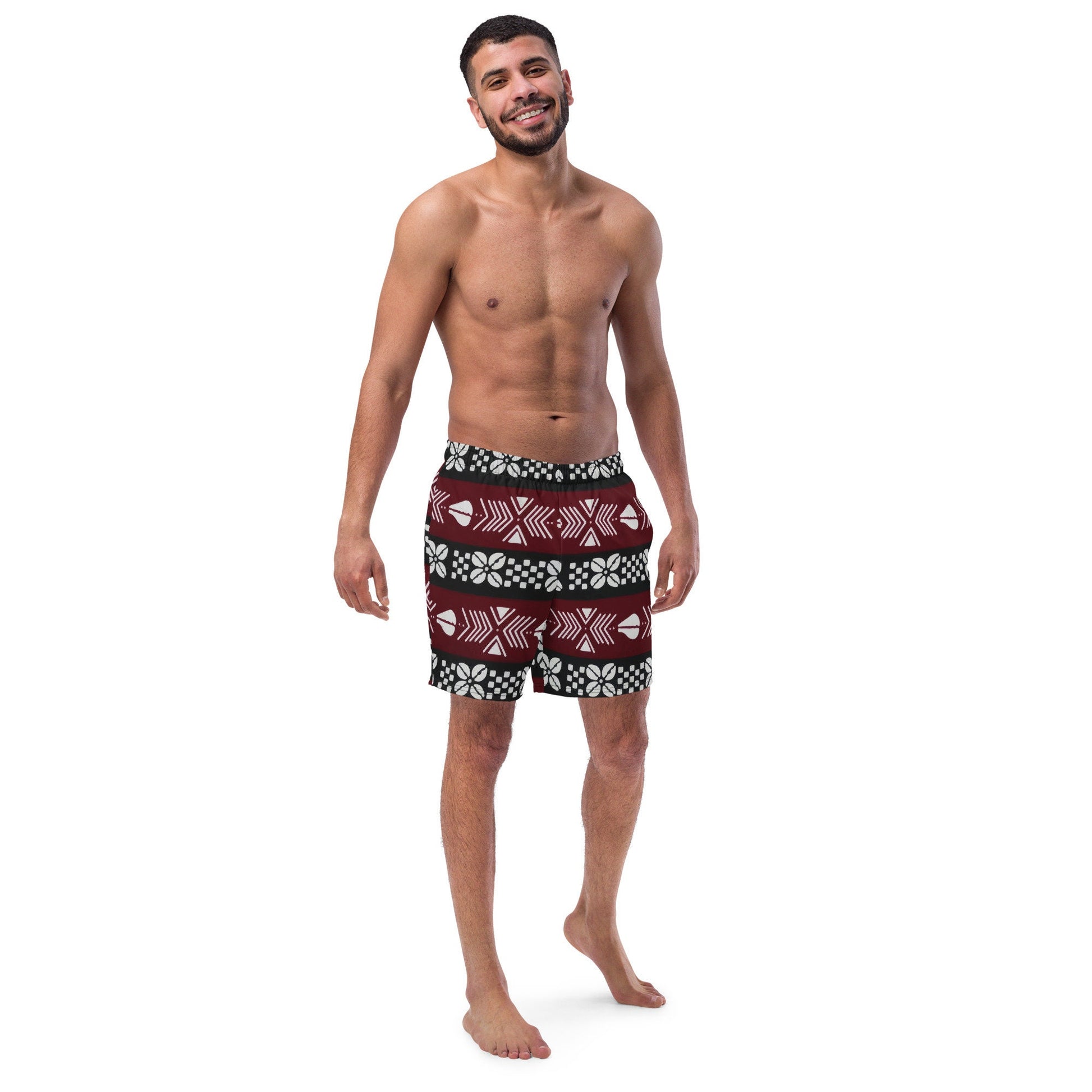 Bogolan Swim Trunk | Red White and Black | Recycled Traditional Print From West Africa Inspired Short for Spring, Summer, Beach and Outdoor