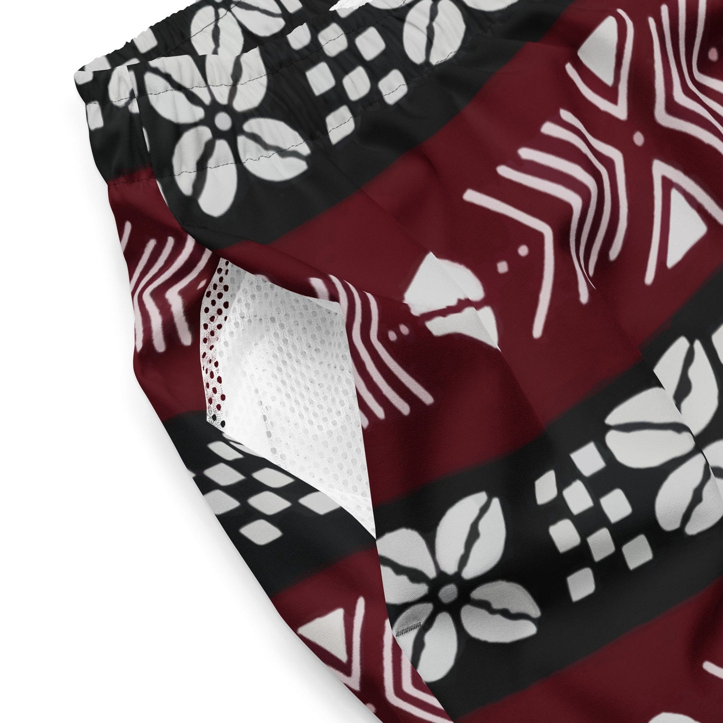 Bogolan Swim Trunk | Red White and Black | Recycled Traditional Print From West Africa Inspired Short for Spring, Summer, Beach and Outdoor