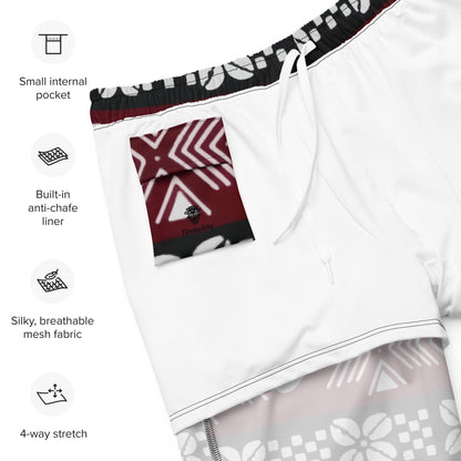 Bogolan Swim Trunk | Red White and Black | Recycled Traditional Print From West Africa Inspired Short for Spring, Summer, Beach and Outdoor