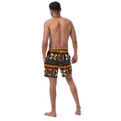 Bogolan Swim Trunk | Orange White & Black | Recycled Traditional Print From West Africa Inspired Short for Spring, Summer, Beach and Outdoor