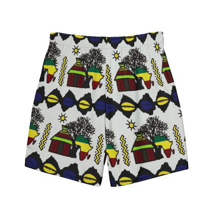 Motherland Swim Trunk | Green Yellow Red Blue | Recycled Traditional Print From West Africa Inspired Short for Spring, Summer & Outdoor