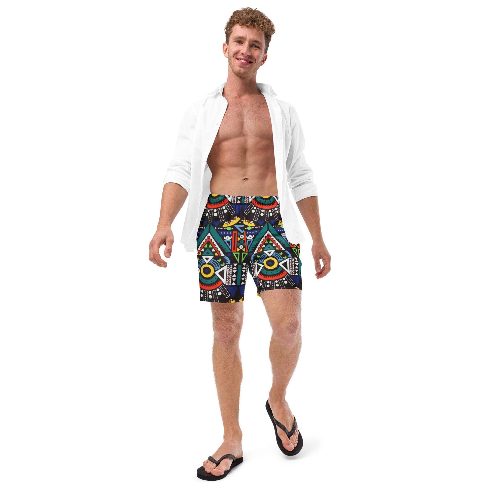 Amapiano Men&#39;s Swim Trunk | Recycled Traditional Print From South Africa Inspired Short for Spring, Summer, Beach, Outdoor and Vacations