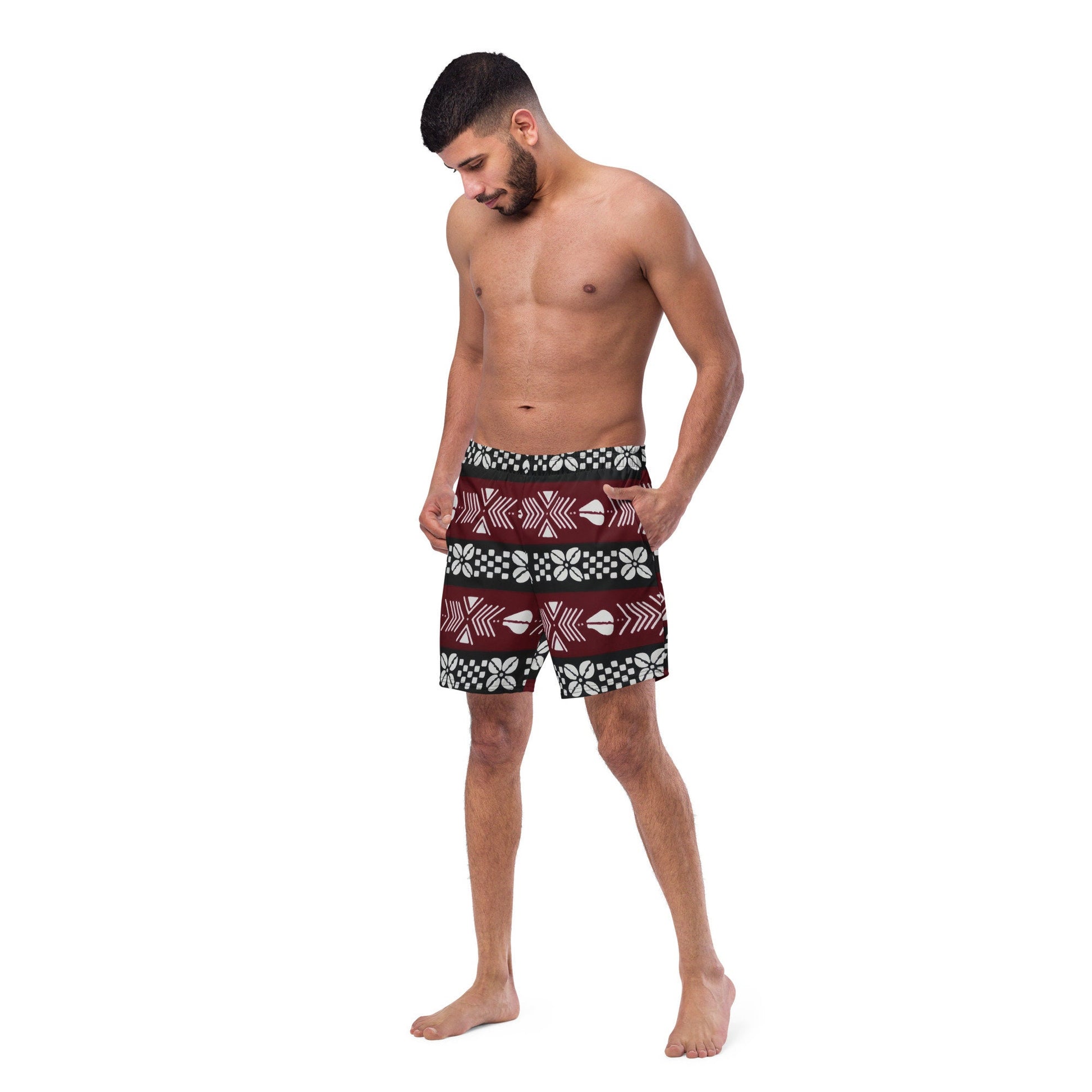 Bogolan Swim Trunk | Red White and Black | Recycled Traditional Print From West Africa Inspired Short for Spring, Summer, Beach and Outdoor