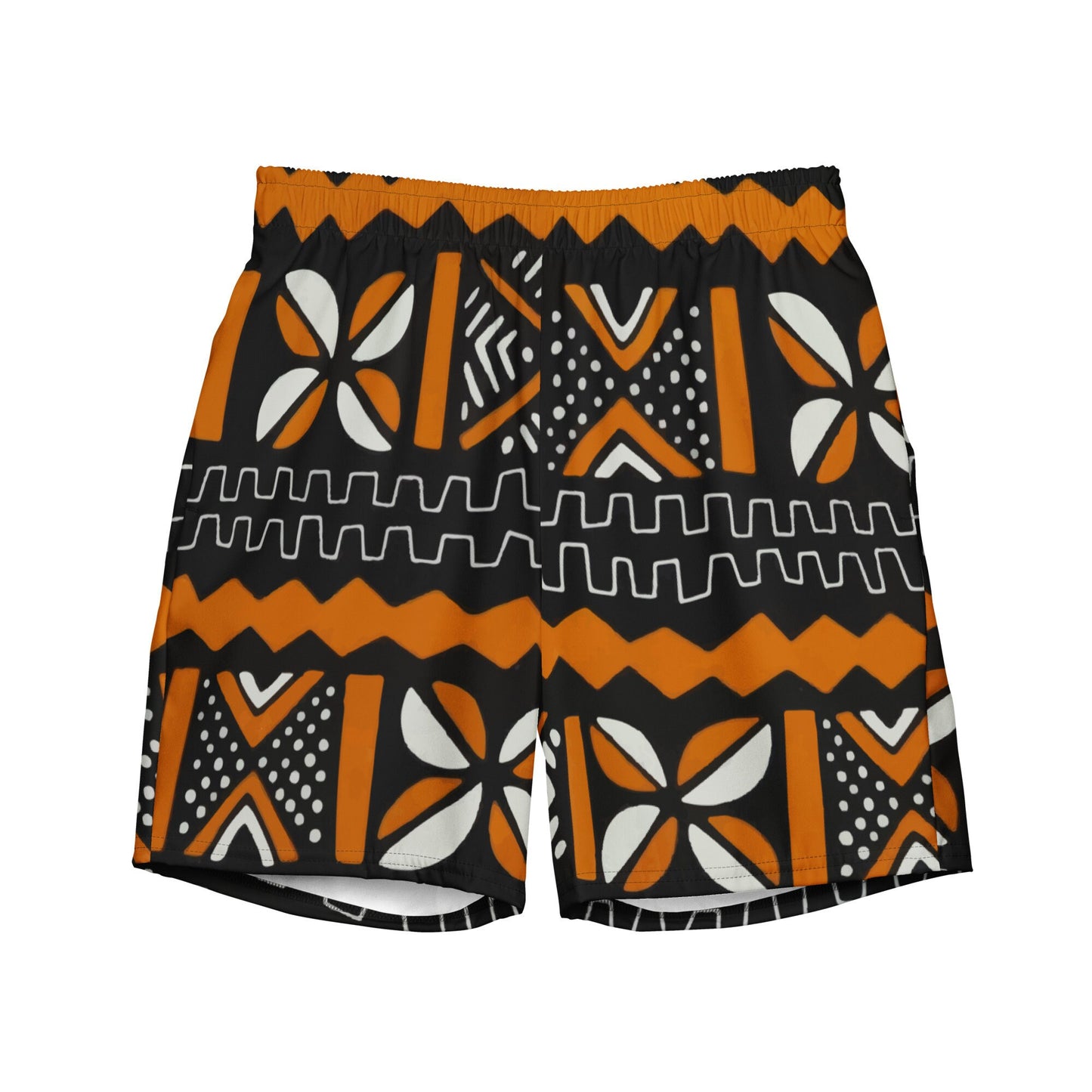 Bogolan Swim Trunk | Orange White & Black | Recycled Traditional Print From West Africa Inspired Short for Spring, Summer, Beach and Outdoor