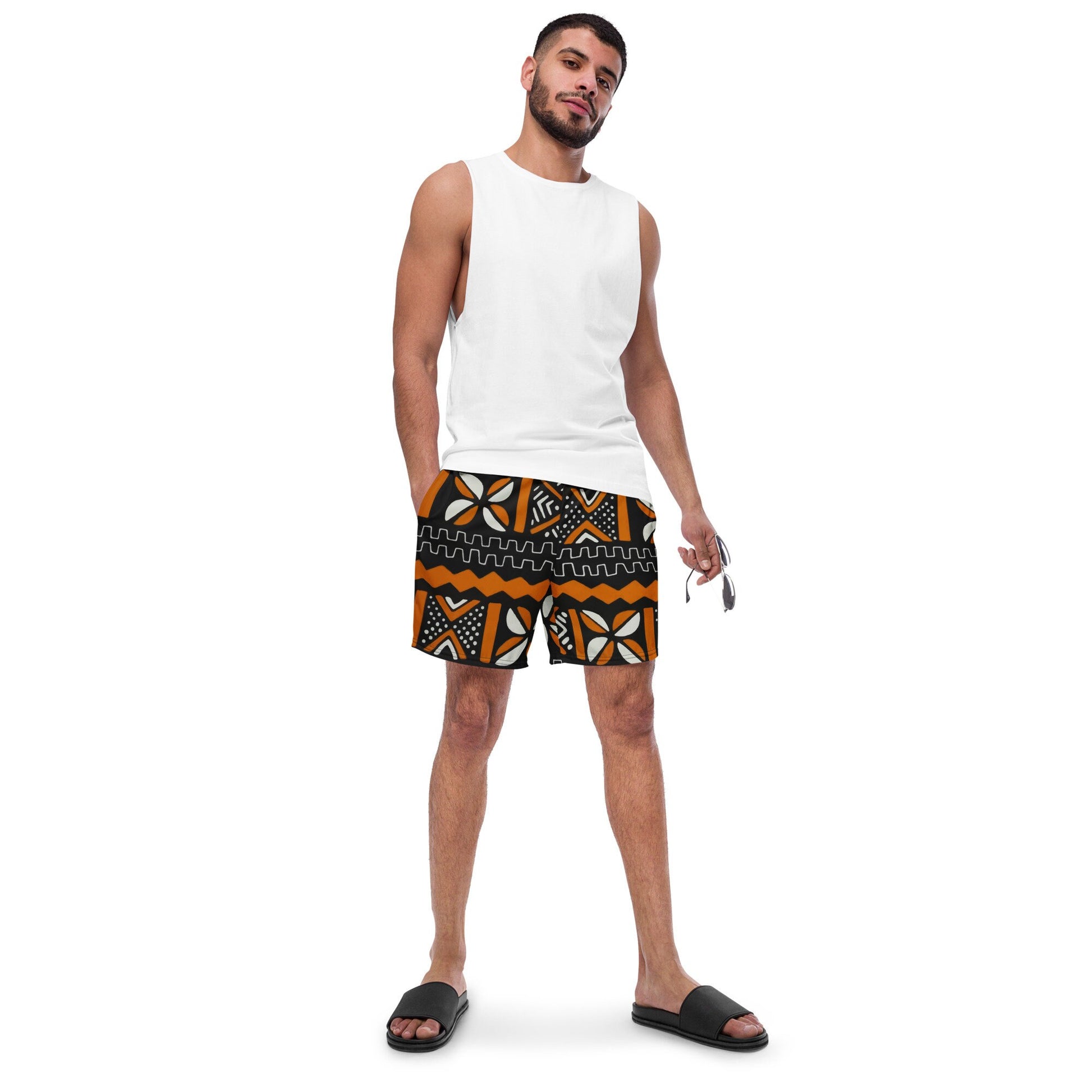 Bogolan Swim Trunk | Orange White & Black | Recycled Traditional Print From West Africa Inspired Short for Spring, Summer, Beach and Outdoor