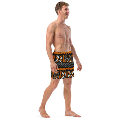 Bogolan Swim Trunk | Orange White & Black | Recycled Traditional Print From West Africa Inspired Short for Spring, Summer, Beach and Outdoor