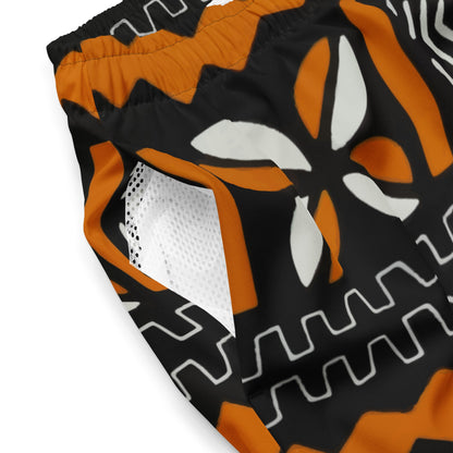 Bogolan Swim Trunk | Orange White & Black | Recycled Traditional Print From West Africa Inspired Short for Spring, Summer, Beach and Outdoor