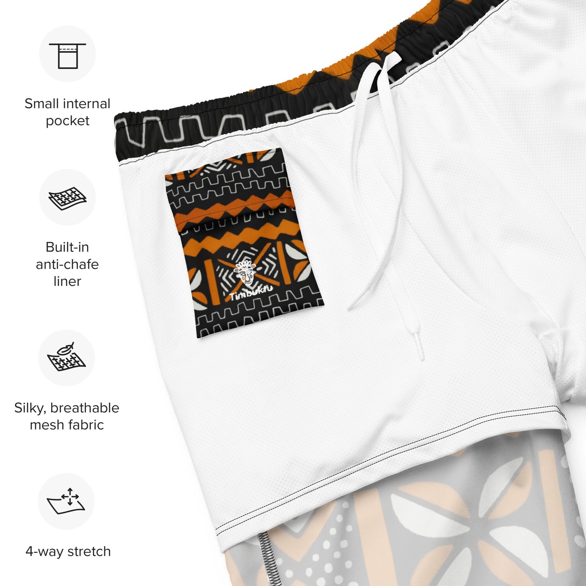 Bogolan Swim Trunk | Orange White & Black | Recycled Traditional Print From West Africa Inspired Short for Spring, Summer, Beach and Outdoor