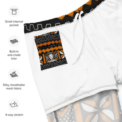 Bogolan Swim Trunk | Orange White & Black | Recycled Traditional Print From West Africa Inspired Short for Spring, Summer, Beach and Outdoor