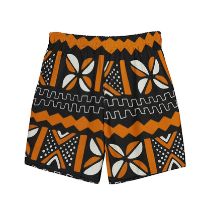 Bogolan Swim Trunk | Orange White & Black | Recycled Traditional Print From West Africa Inspired Short for Spring, Summer, Beach and Outdoor