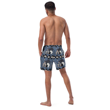 Motherland Swim Trunk | Blue White and Black | Recycled Traditional Print From Mali, West Africa Inspired Short for Spring, Summer & Outdoor