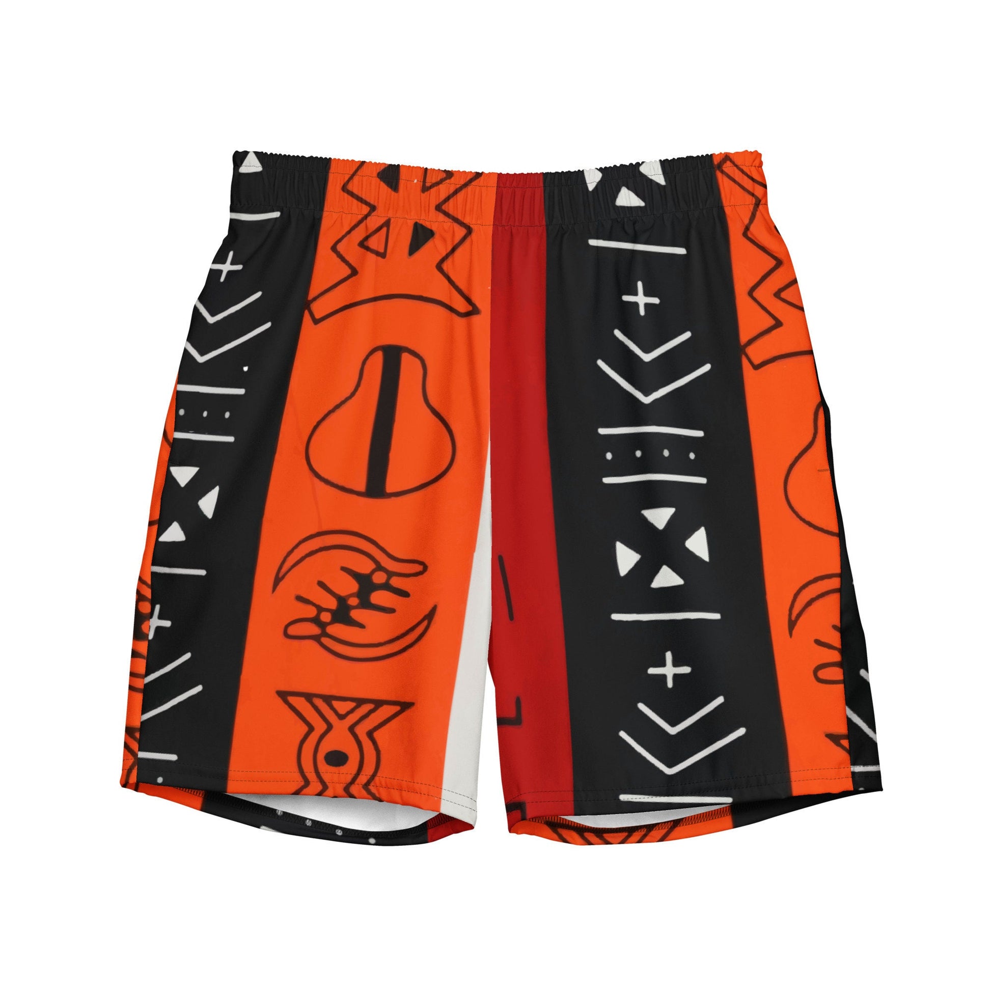 African Symbols Swim Trunk | Recycled Traditional Patterns Print From West Africa Inspired Short for Spring, Summer, Beach, Outdoor