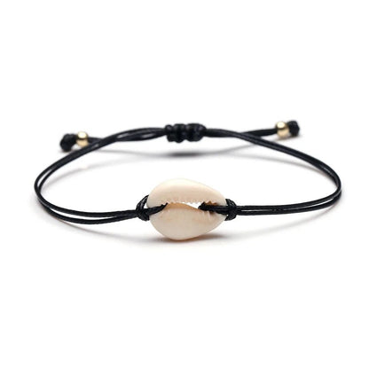 Cowrie Shell Bracelet | Black and White Pair Adjustable Cord Bracelets with African Lucky Charm | Friendship, Surf, Shell and Beads Bracelet