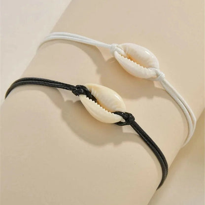 Cowrie Shell Bracelet | Black and White Pair Adjustable Cord Bracelets with African Lucky Charm | Friendship, Surf, Shell and Beads Bracelet