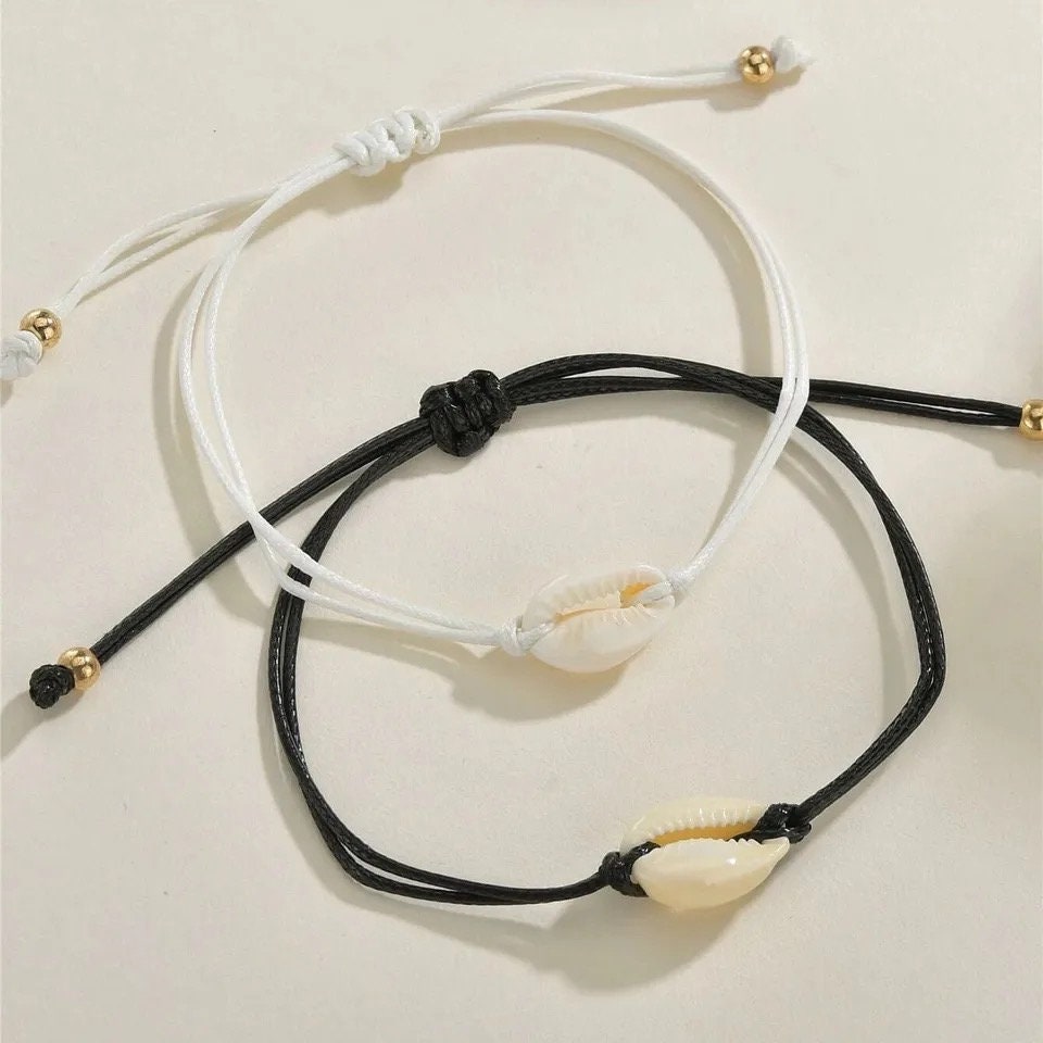 Cowrie Shell Bracelet | Black and White Pair Adjustable Cord Bracelets with African Lucky Charm | Friendship, Surf, Shell and Beads Bracelet