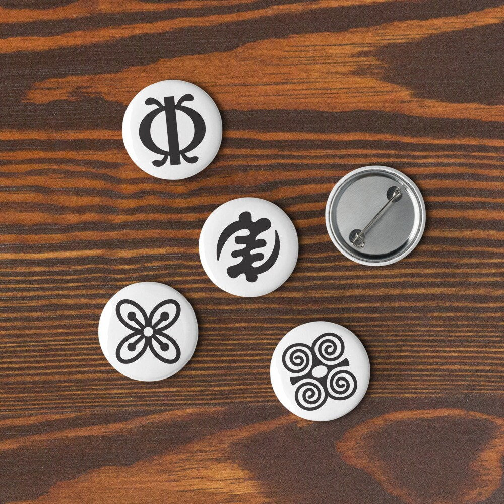 Adinkra Pin Set | 5 African Symbol Buttons Durable Decorative Brooch for Vest, Backpack, Clothing Badge, Bikers, Travel Collectors, Souvenir