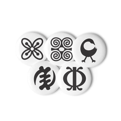 Adinkra Pin Set | 5 African Symbol Buttons Durable Decorative Brooch for Vest, Backpack, Clothing Badge, Bikers, Travel Collectors, Souvenir