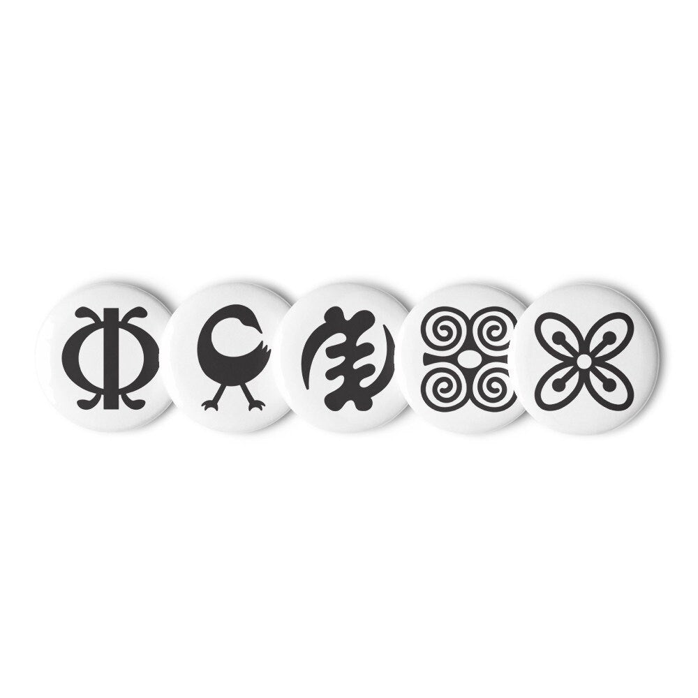 Adinkra Pin Set | 5 African Symbol Buttons Durable Decorative Brooch for Vest, Backpack, Clothing Badge, Bikers, Travel Collectors, Souvenir