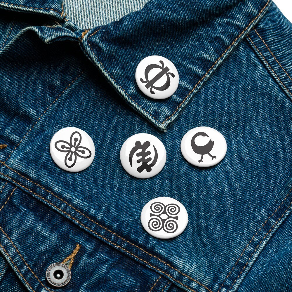 Adinkra Pin Set | 5 African Symbol Buttons Durable Decorative Brooch for Vest, Backpack, Clothing Badge, Bikers, Travel Collectors, Souvenir