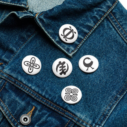 Adinkra Pin Set | 5 African Symbol Buttons Durable Decorative Brooch for Vest, Backpack, Clothing Badge, Bikers, Travel Collectors, Souvenir