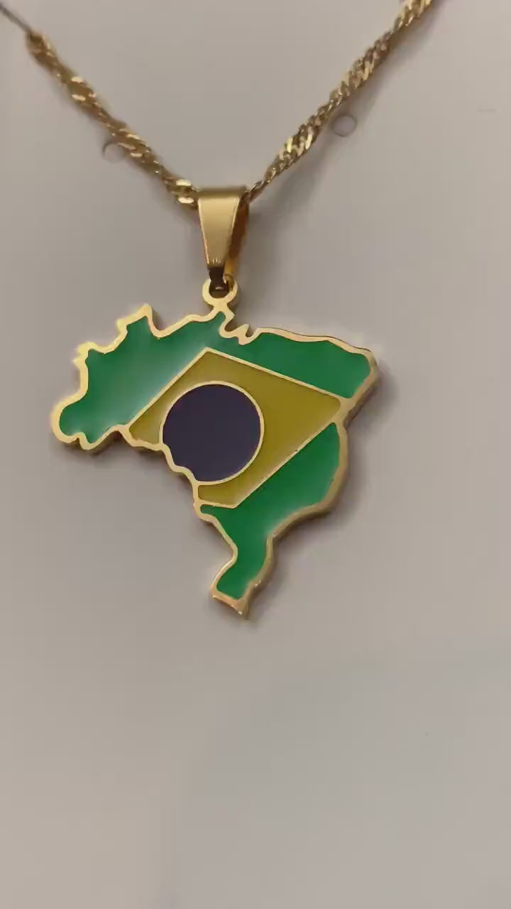 Brazil Map and Flag Necklace